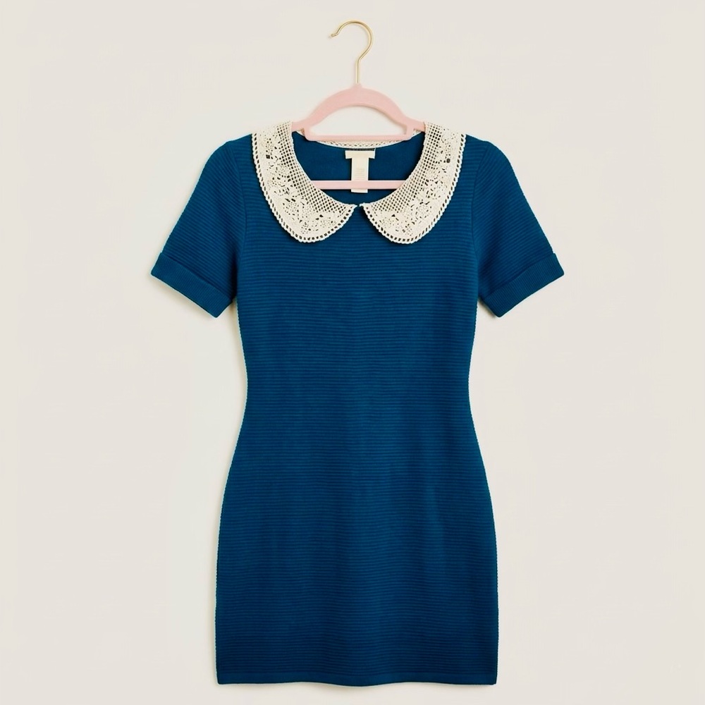 TULLE Anthropologie Vintage Y2K Crochet Lace Peter Pan Collar Sweater Dress Blue